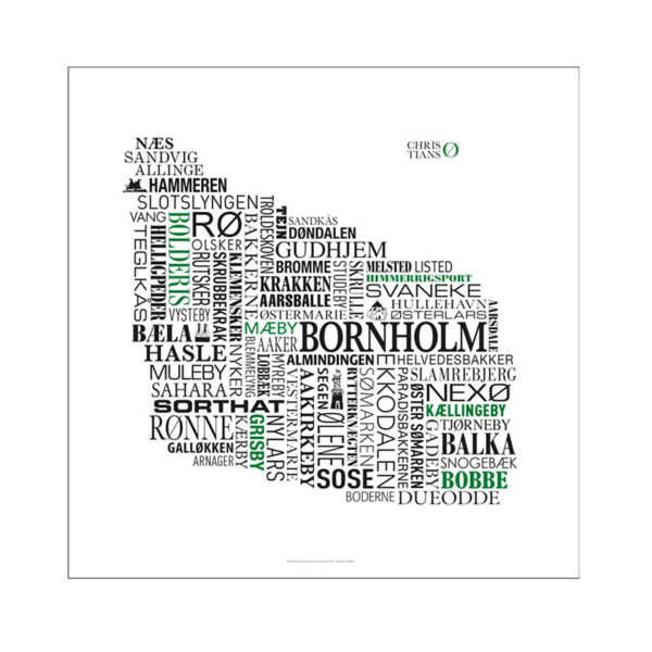 Grafisk plakat med stednavne der danner et billede af Bornholm