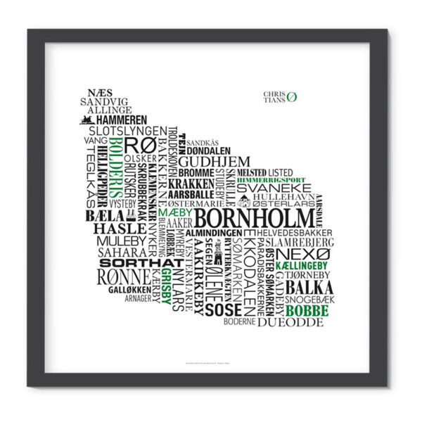 Grafisk plakat med stednavne fra Bornholm. Vist i ramme.