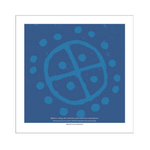 Plakat med bornholmsk helleristning: Hjulkors. Blå. Soltegn eller symbol for jorden med de fire verdenshjørner. Bornholms bronzealder.