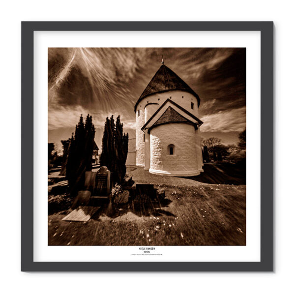 Plakat med Ols Kirke på Bornholm. Camera obscura-fotografi af Niels Hansen.